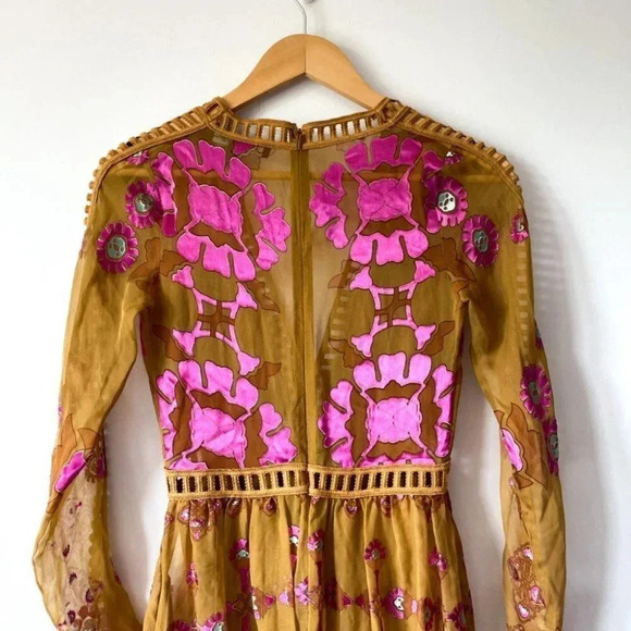 For Love & Lemons Barcelona Maxi Dress Silk Blend Mustard Yellow Sz XS - Picture 13 of 16